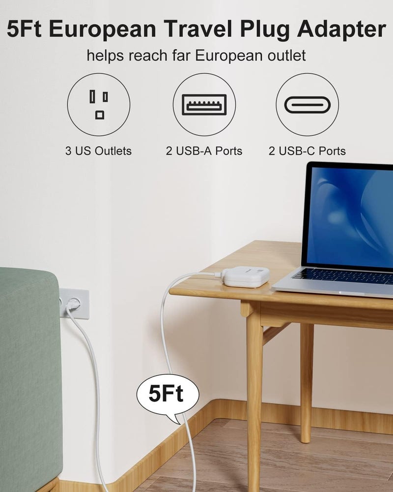 meta-ant European Travel Plug Adapter, US to Europe Plug Adapter with 3 Outlets & 4 USB(2 USB-C), 5ft European Power Cord, International Power Strip, Type C for Europe EU Germany France, Travel, White - Image 4